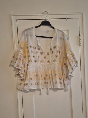 Boho Embroidered Peasant Top - White with Yellow Floral Embroidery